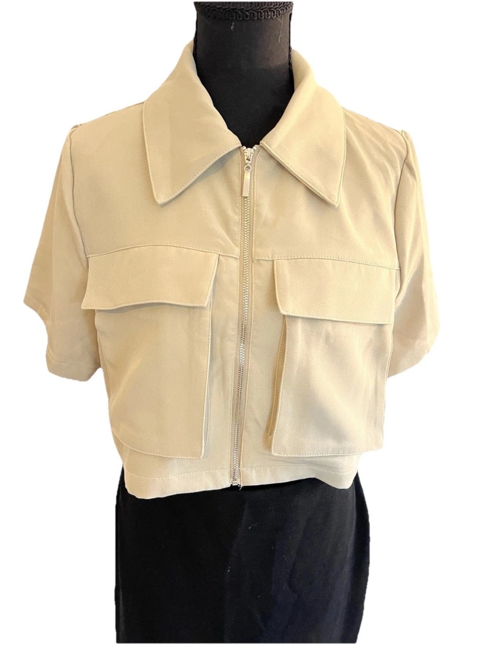 Love By Design Cropped Zip-Front Utility Top in Beige